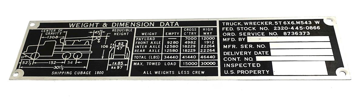 超希少 米軍 「M-41戦車銘板？・操作盤プレート」 Data Plate Tag M543 Wrecker Weight and Dimension Data Plate